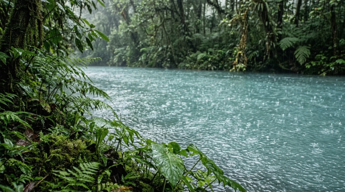 Raindrops rippling the pale blue surface of the Rio Celeste river in Costa Rica