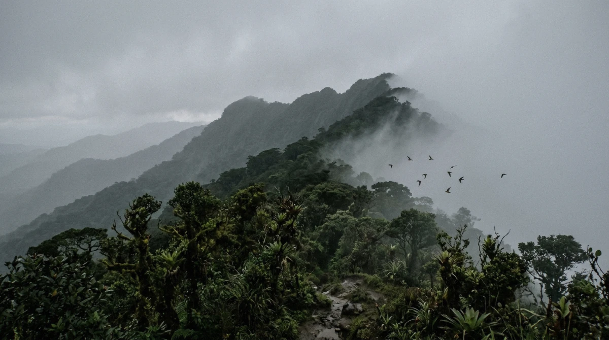 Cloud forest ridgeline of Tenorio volcano in soft mist, Costa Rica