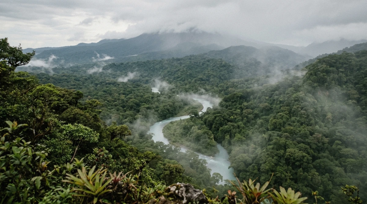 Pale turquoise river winding through dense rainforest below volcano mist in Costa Rica